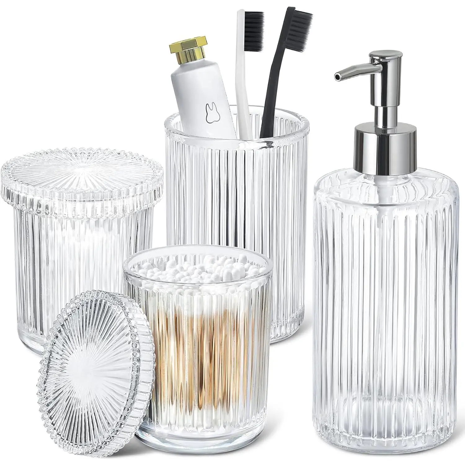 Bathroom Accessories Set, 4 Pack Clear Glass Bath Accessory Sets Complete, Ribbed Soap Dispenser and Toothbrush Holder Set with 2 Qtip Holders, Modern Sliver Bathroom Counter Decor