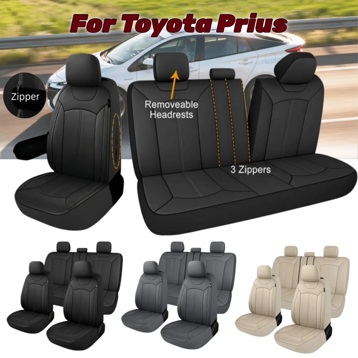 9Pcs For Toyota Prius 2026 2025 2024 2023 2020 2019 - 2003 Car 5 Seat Covers Full Set Leather, Car Front Seat Covers with Zipper for Armrest & Rear Split Bench with 3 Zipper, 4 Season Seat Cover Cushion Protector Pad Mat Set Non-Slip Auto Accessories