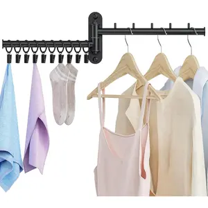 Wall Mounted Drying Rack, 2-Tier Laundry Drying Rack with Swing Arm, Space-Saving Foldable Laundry Clothes Hanger with 10 Clips for Laundry Room Closet Organizer Bathroom Bedroom