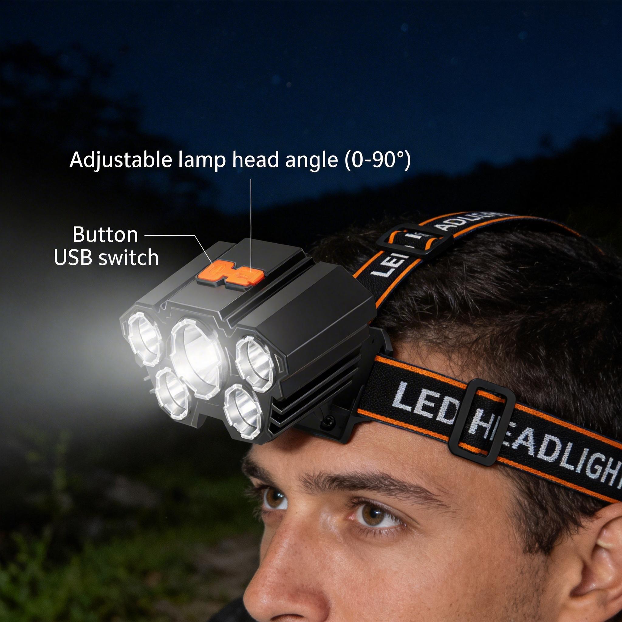 Buy one get one free, a total of 2, multifunctional 5-LED headlamp, head-worn flashlight, outdoor USB rechargeable fishing headlamp, high-brightness four-mode headlamp flashlight, for camping, work, maintenance, car repair, and renovation. Buy one get one free, a total of 2, multifunctional 5-LED headlamp, head-worn flashlight, outdoor USB rechargeable fishing headlamp, high-brightness four-mode headlamp flashlight, for camping, work, maintenance, car repair, and renovation.