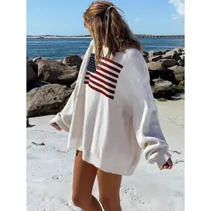 Women’s star and striped print drop shoulder sweater, casual long-sleeve crewneck jumper for spring and fall, fashionable women’s knitwear for everyday wear, hoodie