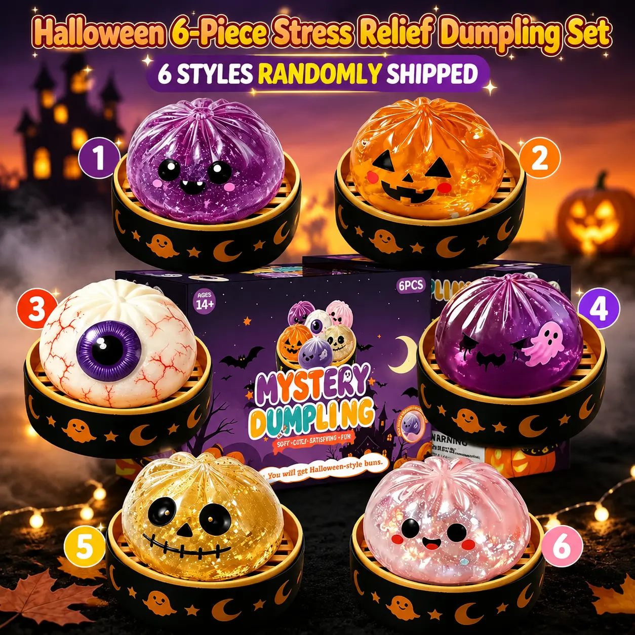 6 Pcs cute yet slightly spooky ghost-shaped squishy toys—portable stress-relief hand toys that are perfect for Halloween party favor bags and holiday gifts.