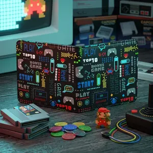 Boys' Cute Leather Bifold Wallet with RFID Blocking - Video Game Themed Slim Credit Card Cash ID Holder with Coin Pocket, Cool Fun Design for Teens Youth Little Boys, Perfect Gift