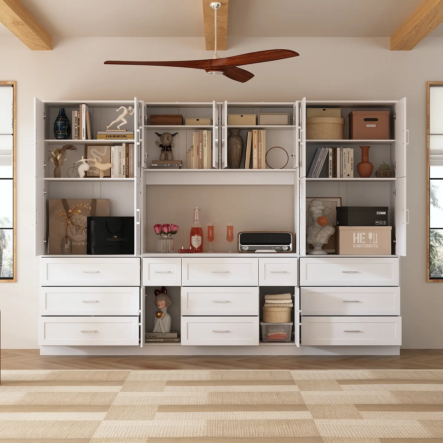 FUFU&GAGA All-in-One Freestanding Kitchen Pantry Storage Cabinet Combo, White Tall Hutch Buffet Cabinet with Multi Doors & Drawers, Large Capacity Food & Appliance Storage Sideboard