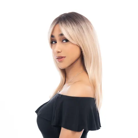 Lady Grayy Unisex Adult Ombre Colored Wig - 22-in Warm Blonde with Black Roots, Platinum Highlights, Layered Light Waves, Kanekalon Fibers, Heat-Resistant Synthetic Full Machine Wig, Cap Included, Comfortable, Customizable for Daily Wear #41FSGBPM