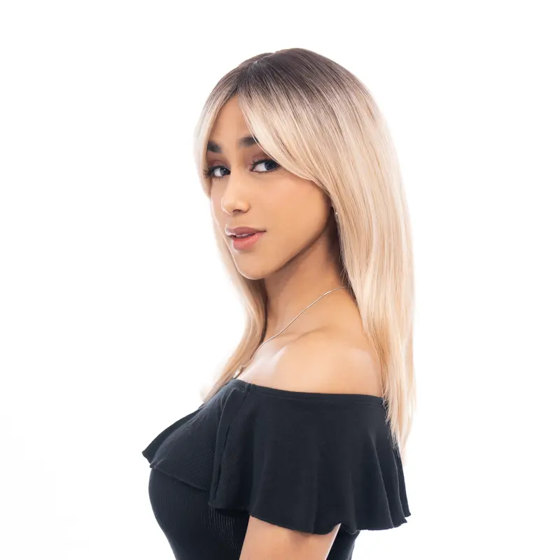 Lady Grayy Unisex Adult Ombre Colored Wig - 22-in Warm Blonde with Black Roots, Platinum Highlights, Layered Light Waves, Kanekalon Fibers, Heat-Resistant Synthetic Full Machine Wig, Cap Included, Comfortable, Customizable for Daily Wear #41FSGBPM