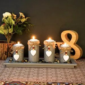 Set of 4 Pieces New Nordic Style Gray Vintage Wooden Candle Holder Set Tea Light Candle Holder Indoor Home Craft Decoration Vintage Candle Stand