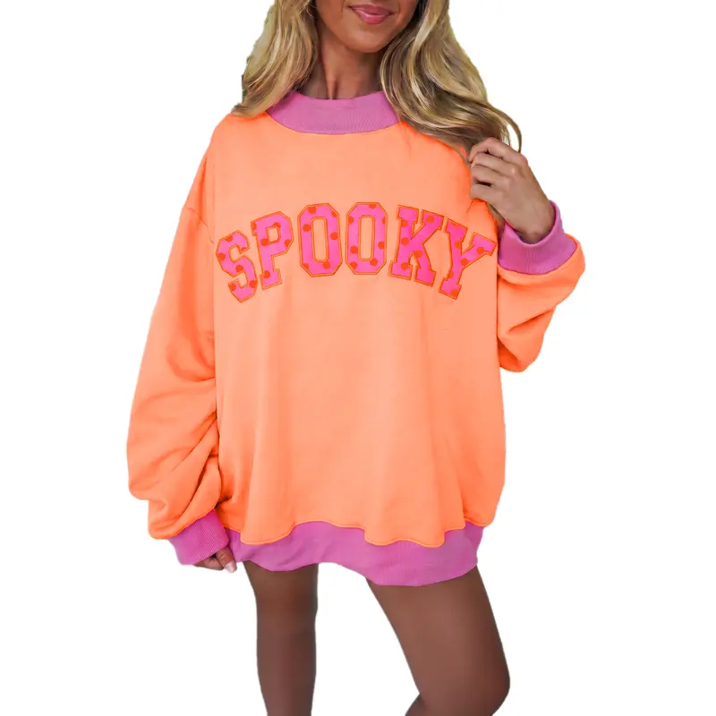 Mntaor Halloween Spooky Season Crewneck Sweatshirt - Womenswear Grapefruit Orange Oversized Mock Neck Pullover, Polka Dot Letter Applique, Purple Colorblock Trim, for Trick or Treat, Fall Parties