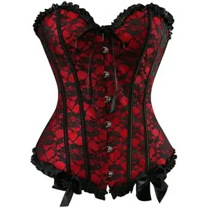 Womens Floral Black Lace Trim Corset Overbust Waist Cincher Bustier Top