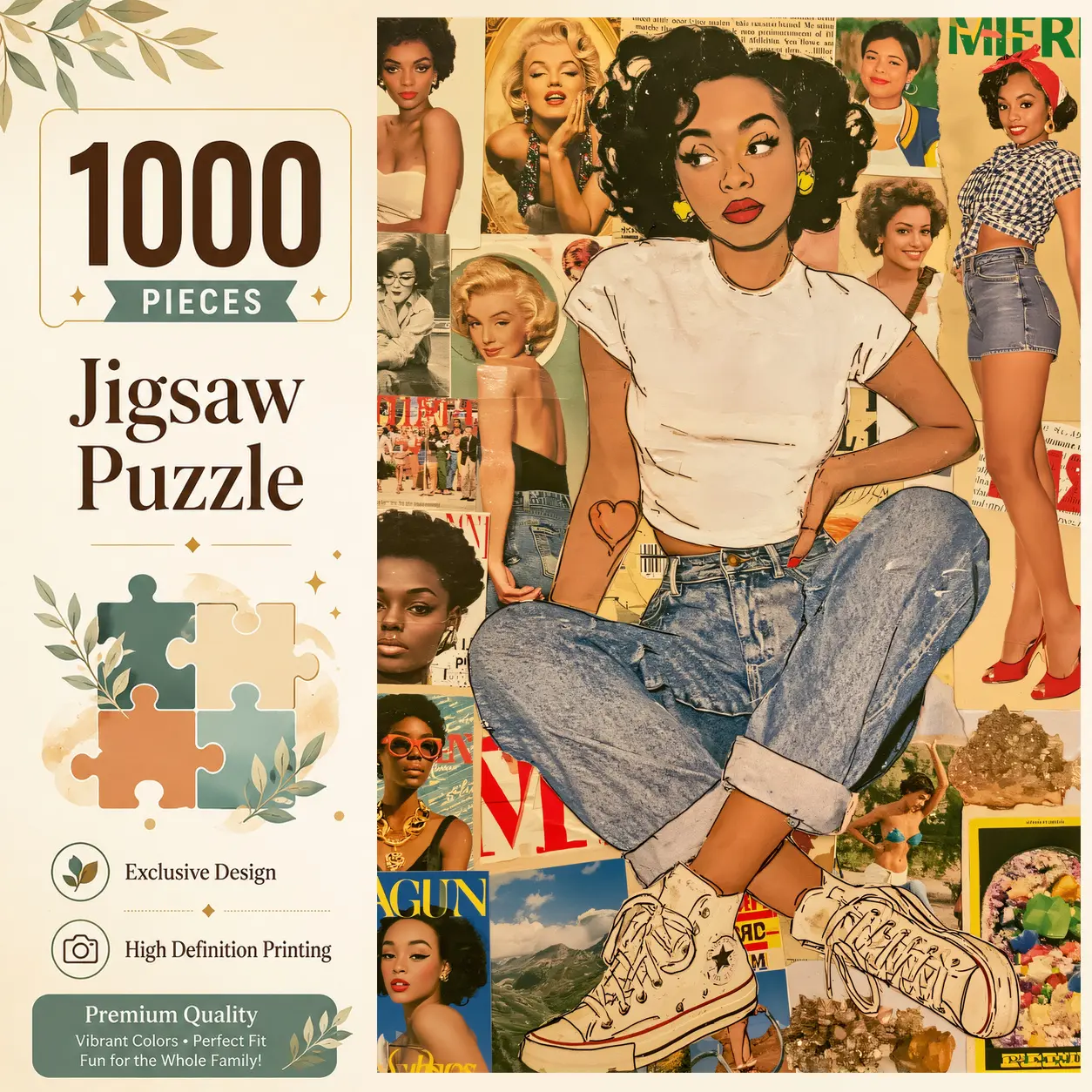 Vintage Fashion Women Collage 1000 Pieces Jigsaw Puzzle, Retro Magazine Art Puzzle for Adults, Challenging Brain Exercise for Family Game Night, Stress Relief Relaxation Wall Decor and Gift for Women and Seniors, 19.7x29.5inch(50x75cm)