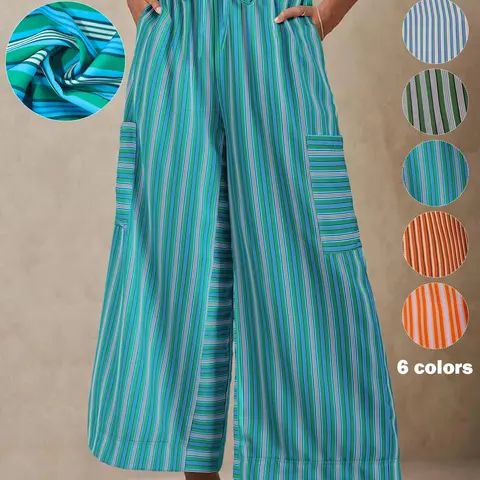 Women's Striped Print Wide Leg Pants, Elegant Fashion Casual Trousers for Daily Outdoor Wear, Women's Bottoms for Summer, Casual Basic Bottoms, Womenswear