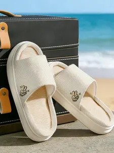 Simple Solid Color Peace Sign Home Slippers, Waffle Linen Breathable, Cute Versatile Couple Non-Slip Silent Thick Sole Shoes