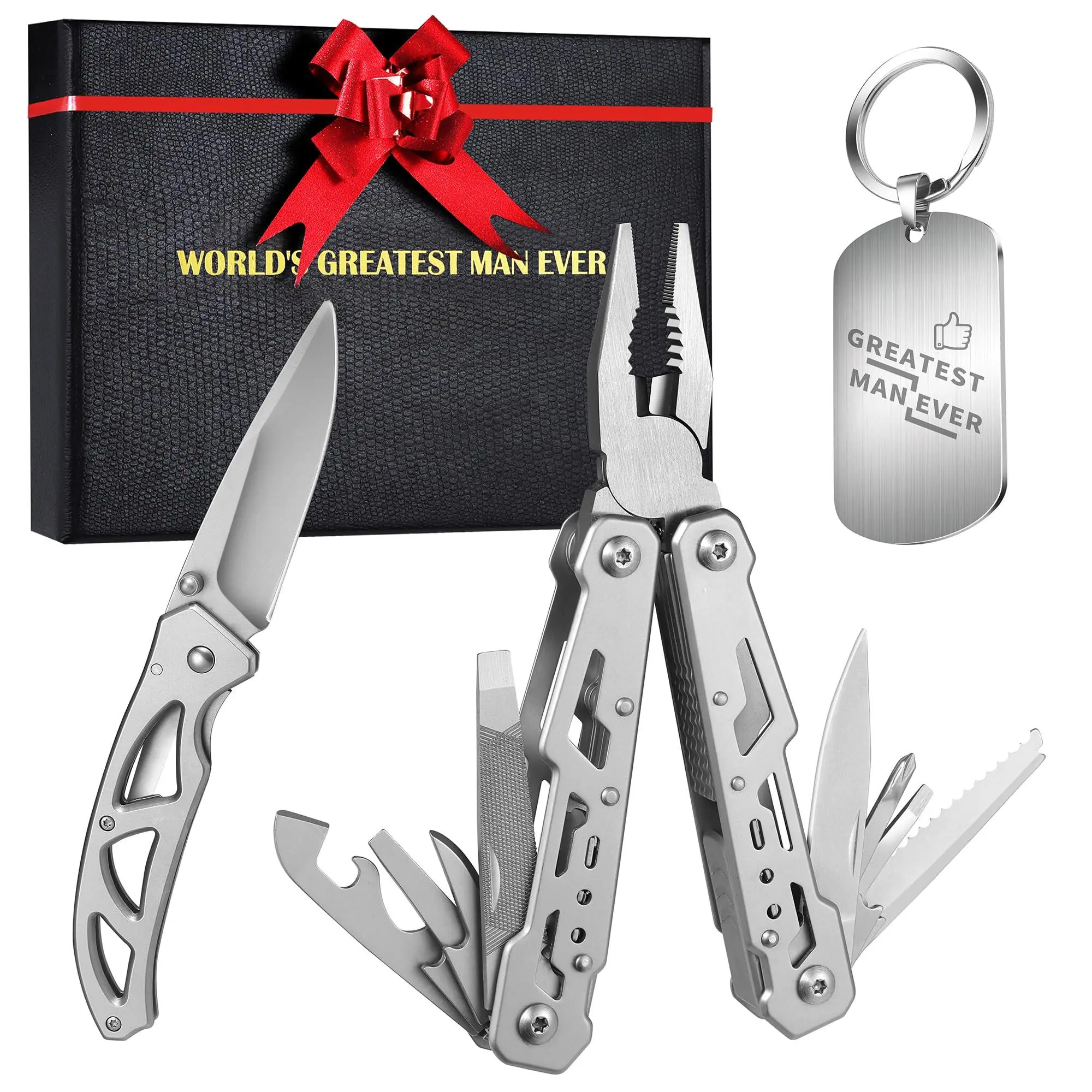 Multitools Gift Set For Men  14-in-1 Multi-tool Pliers & Folding With Keychain Tag 3-piece Edc Kit Camping Hiking - Box Birthday Christmas Father's Day