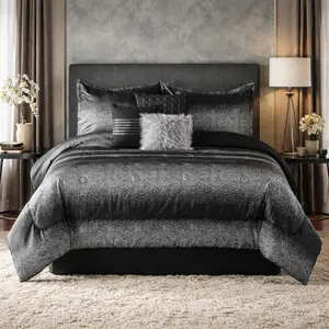 Artistic Home Textiles –7 Piece Oversized Jacquard Comforter Set – Metallic Yarn Woven Fabric, Thick Heavy Fill Bedding with Bed Skirt & Decorative Pillows, Queen King Cal King