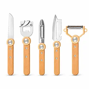 5PCS Vegetable&Fruit Peeler,Kitchen Gadgets Set with Wooden Handles, Stainless Steel Peeler, Cheese Knife, Bottle Opener, Ergonomic Kitchen Accessories