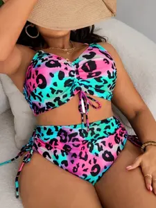 Women's Plus Size Sexy Leopard Print Two-Piece Bikini Set, Striped Push-Up Crop Top, Casual Slim-Fitting Swimwear for All Seasons