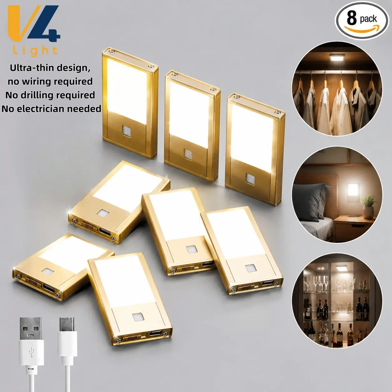 v4light 8-Pack Rechargeable Motion Sensor LED Wall Spotlights - DC5V USB-C Wireless Magnetic Compact No Wiring Required Under Cabinet Lights with Batteries, Anti-Glare Eye-Friendly Soft Light for Indoor Use (Safe for Children, Elderly), Table Lamps