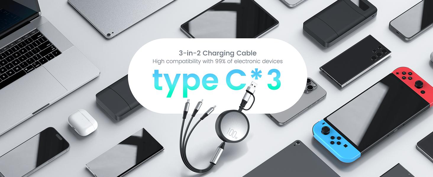 Retractable Charging Cable, W USB C Fast Charger Cable  in  with [cm] Adjustable Length, MultiPort Cord for Laptop, Phone, Car, Travel  PD./QC. (Grey)