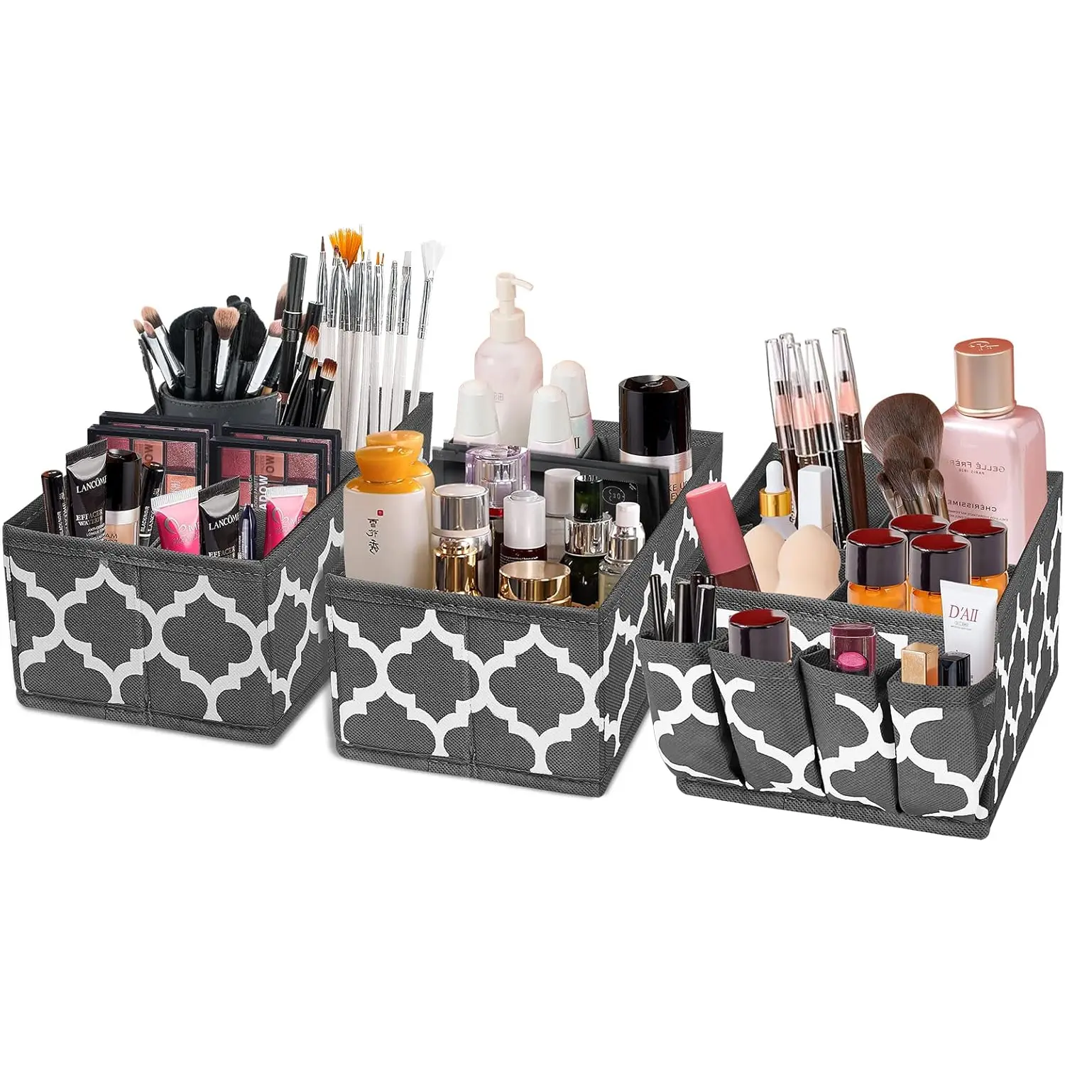 Homyfort Makeup Basket Organizer, Fabric Portable Cosmetic Storage Organizer with Divider, Foldable Small Bins for Organizing Vanity, Bathroom Counter, Office, Set of 3 Grey homyfort