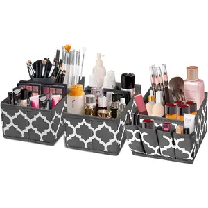 Homyfort Makeup Basket Organizer, Fabric Portable Cosmetic Storage Organizer with Divider, Foldable Small Bins for Organizing Vanity, Bathroom Counter, Office, Set of 3 Grey homyfort