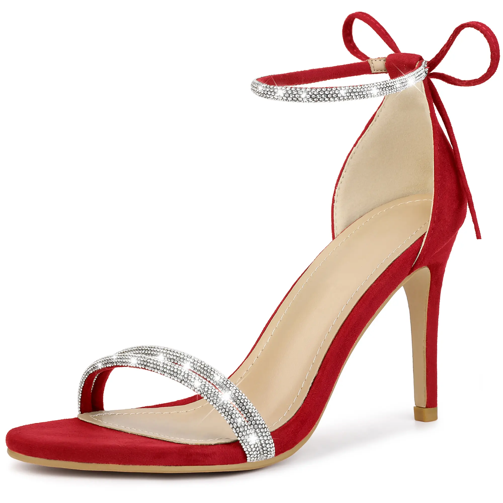 BLISSFUL STEP Rhinestone Ankle Tie Stiletto Heels Sandals for Women