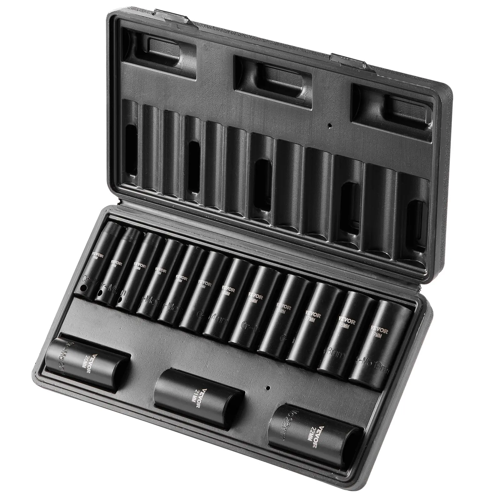 VEVOR 15-Piece 3/8'' CR-MO Metric Deep Hex Bit Socket Set, 8-22 mm 6-Point Drive Ratchet Tool Kit with Case, Father's Day Gift for Industrial Use