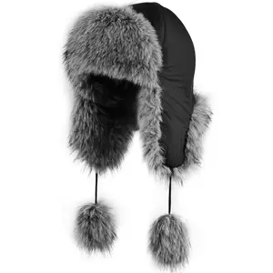 Faux Fur Trapper Hat with Pompoms Warm Classic Ear Flaps Fuzzy Bobble Cap Outdoor Ski Snow Cap for Women and Men