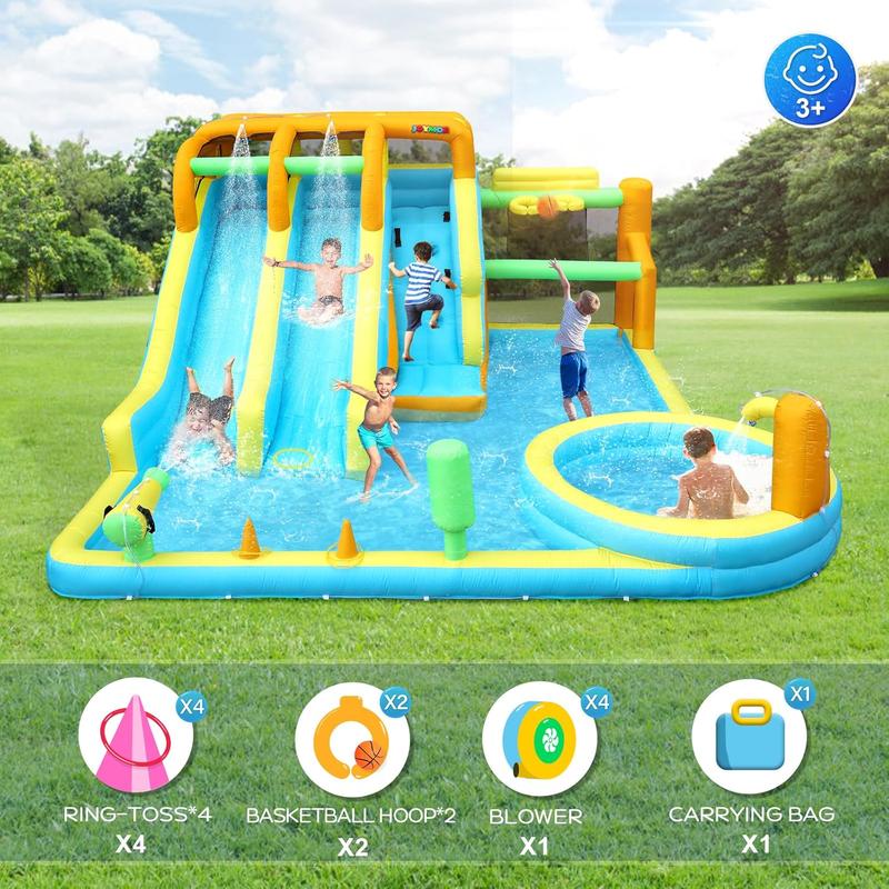 JOYMOR 11-in-1 Inflatable Water Slide for Kids Backyard w/ 2 Waterslide, 2 Basketball Hoop, Pool, Climbing Wall, Water Blasters, 1min Blow Up Water Slides Park w/ 750w Blower, Storage Bag