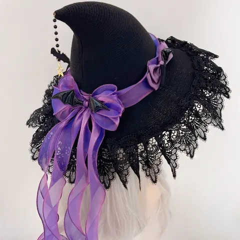 Halloween Spooky handmade dark demon bat gothic style witch lace witch hat witch witch hat headwear lace dressing props Party Event Props Party Accessory Party Hats
