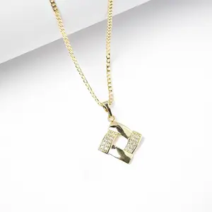 14K Gold Plated Geometric Link Pendant Necklace 2mm Chain 16 18 22 Modern Interlocking Design with Clear Stones for Everyday Wear