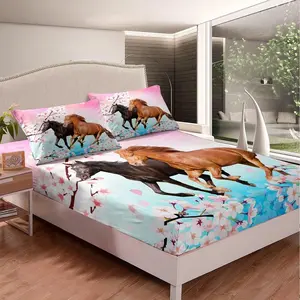 Kids Horse Bedding Set Chic Cherry Blossom Bed Sheet Set for Girls Teens Galloping Horse Printed Fitted Sheet 3D Wild Animal Bed Cover Bedroom Decor