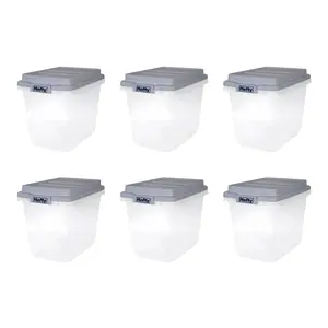 Hefty 6 Pack 32 Quart Hi-Rise Stackable Plastic Storage Bin w/ Lid, Quarry Gray