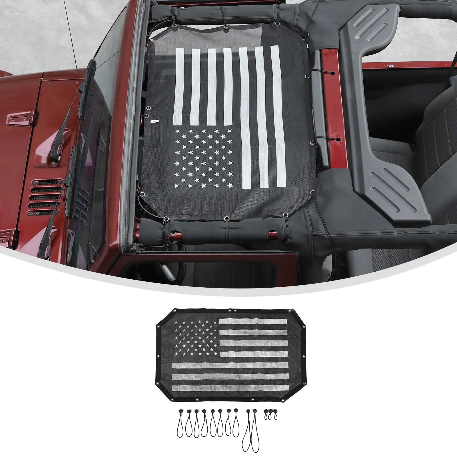 100% Brand New Half-Length Mesh Bikini Top Car Sunshade for 2007-2018 Jeep Wrangler JK JKU, UV-Protection Soft Roof Cover with Built-in Bungee Cords, Outside Car Sunshade, Auto Exterior Accessory, Driving Essential, Father's Day Gift, Car Sunshade Outside