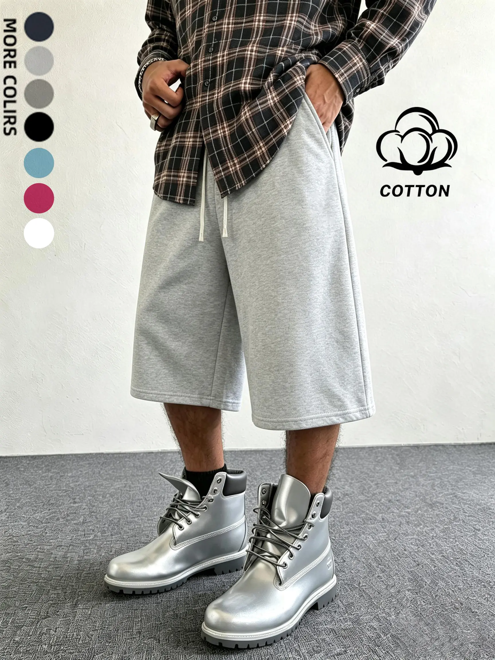 Loose straight cut cotton athletic knee shorts featuring stretch elastic waist with matching drawcords skin-friendly thick cotton textile roomy comfortable fit multi-scene functional piece for training everyday sporty mensfashion outfits
