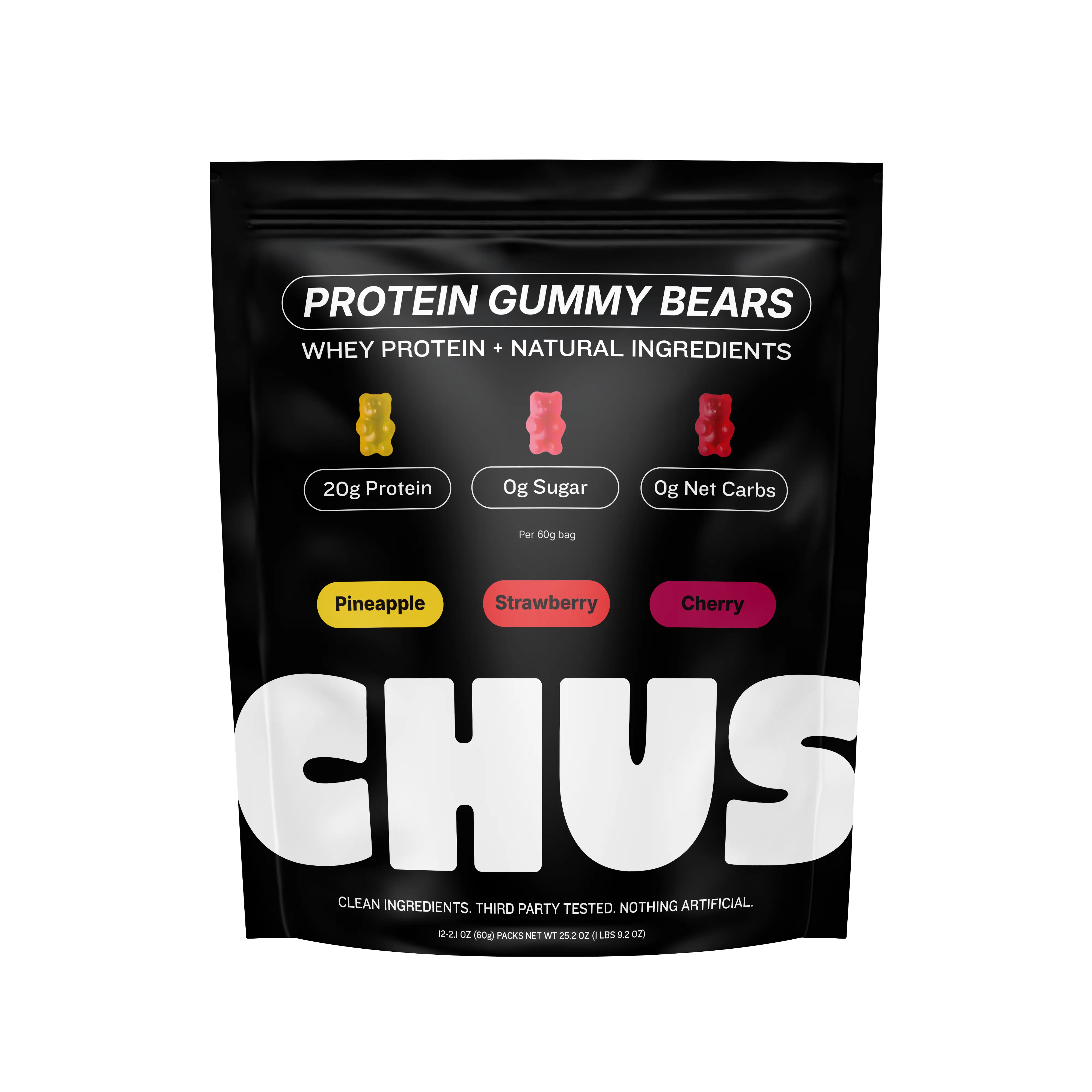 Chus Protein Gummy Bears | 20g of Whey Protein Isolate per Pack | Variety 12-Pack Pineapple, Strawberry, Cherry