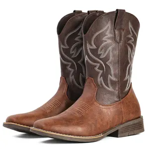 IUV Cowboy Boots For Men with Wide Square Toe Western Retro Boot Durable Classic Fashionable Embroidered Pull On Slip Resistant Boots