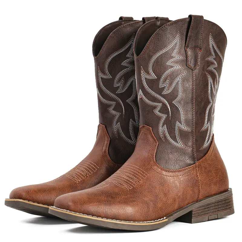 IUV Cowboy Boots For Men with Wide Square Toe Western Retro Boot Durable Classic Fashionable Embroidered Pull On Slip Resistant Boots SummerVibes Gift Ideas