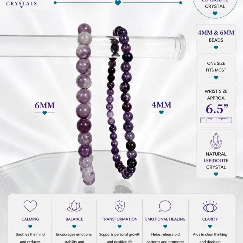 Natural Lepidolite Crystal Gemstone Bracelet - 4mm, 6mm Beaded Purple Mica Jewelry, Calming Stone Bracelet with Limited-Time Promotion