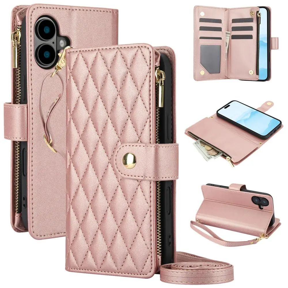 Crossbody Lanyard Wrist Strap Zipper Leather Wallet Phone Case For iPhone 15 16 Pro Max 14 13 Mini 12 11 XR XS 7 8 Plus SE Cover
