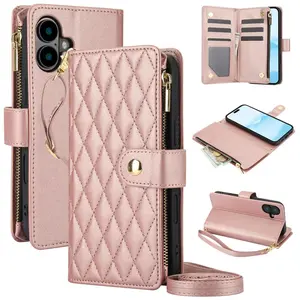 Crossbody Lanyard Wrist Strap Zipper Leather Wallet Phone Case For iPhone 15 16 Pro Max 14 13 Mini 12 11 XR XS 7 8 Plus SE Cover
