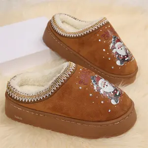 Festive Santa Pattern Platform Slippers for Women Warm Fleece-Lined Mules Christmas Themed Casual Footwear Indoor Outdoor Shoes