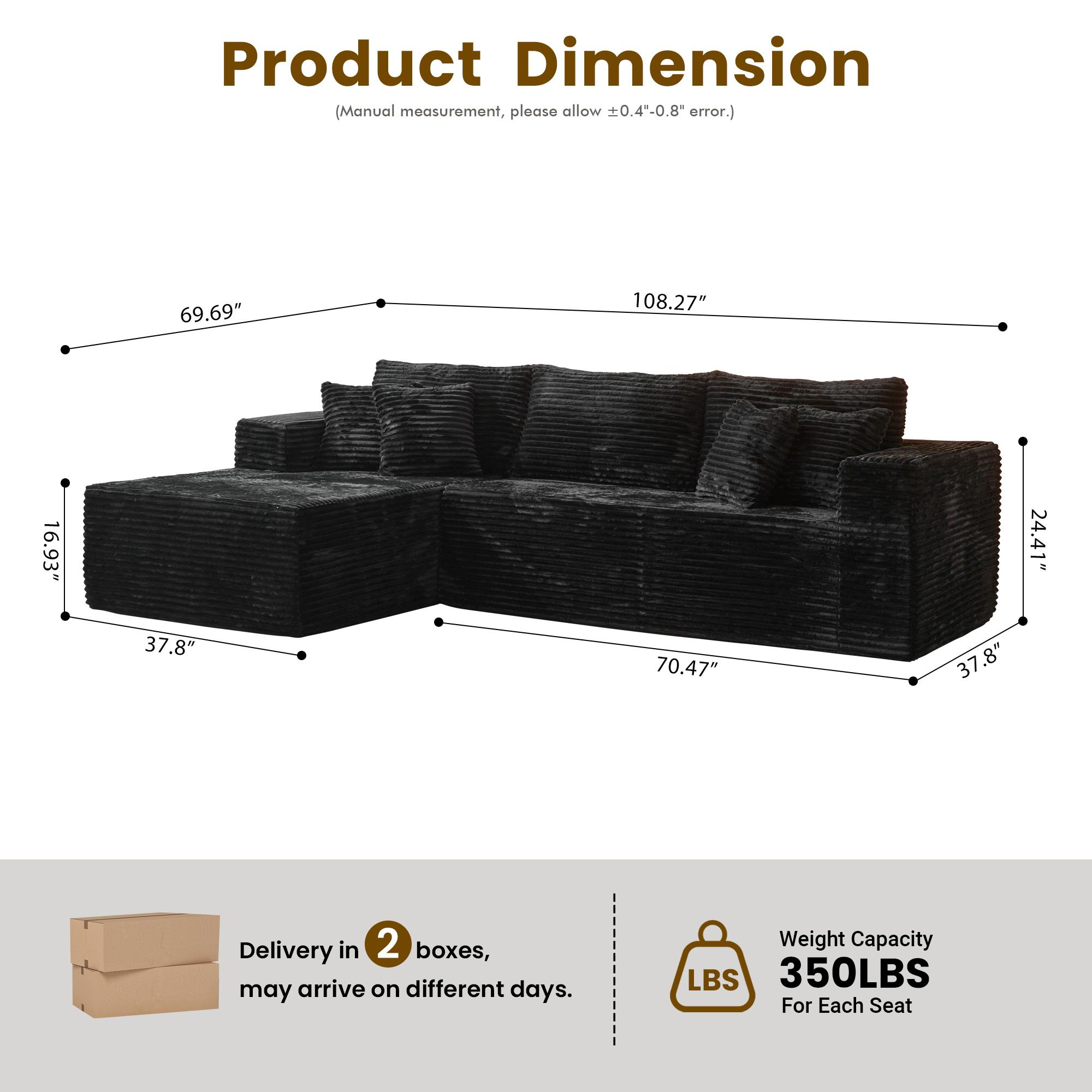 【2 Packages Shipping】CAODOC Oversized Bonelee 108" Cloud Couch with L Shaped Couch Modern Modular Sectional Sofa Set with Deep Seat Plush Corduroy Upholstered Couches for Living Room Bedroom,Wassily Chair,No Assembly Required