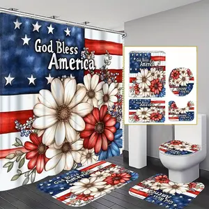 Four-piece floral American flag bathroom set, high-quality shower curtain with bath mat, U-shaped mat and toilet seat, floral flag pattern, includes 12 hooks, complete bathroom decor set, suitable for all seasons.