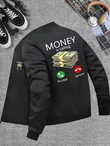 Men's Geometric Pattern Fitted Jacket, Casual Winter Baseball Style Zipper Design, Trendy Stand Collar Fashion Outerwear
