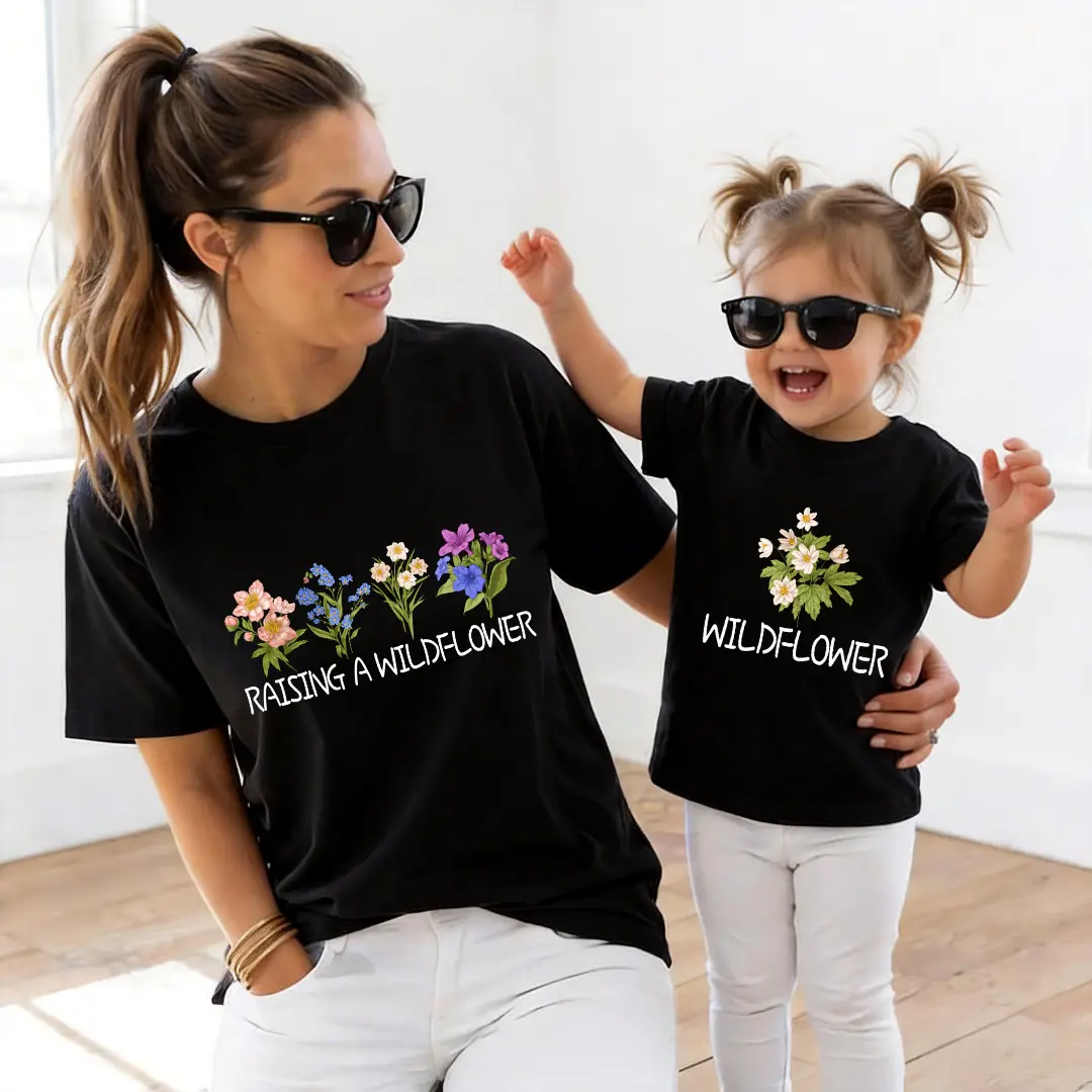 Raising A Wildflower, Mommy And Me Shirts, Mama And Mini Floral Tees, Mother Daughter Matching Outfits, Mothers Day Gift For New Mom & Kid Casual American Short Sleeve T-shirt girly tops girl set