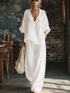 2 Piece Sets Women Summer Outfit – V Neck Loose Top & Wide Leg Pants, Casual Linen Lounge Matching Set, Comfy Vacation Travel Outfit, Plus Size