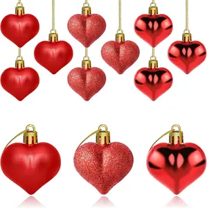 12 PCS 4.5cm Love Theme Heart Ornaments with 3 Different Finishes, Red Hanging Decorations for Christmas, Valentine’s Day, Home & Festive Party Supplies, Multiple Uses