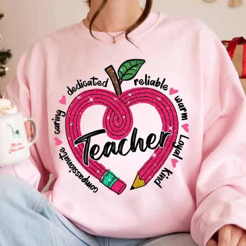 Teacher Heart Pencil Shirt, Valentine Day Shirt, Teacher Valentine Shirt, Retro Valentine, Faux Sequins Valentine Sparkly Shirt, Teacher shirt