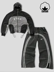 Men's Heavyweight Geometric Hoodie Drawstring Zipper Jacket Set with Side Chain Striped Pants, Casual Long Sleeve for Daily Wear