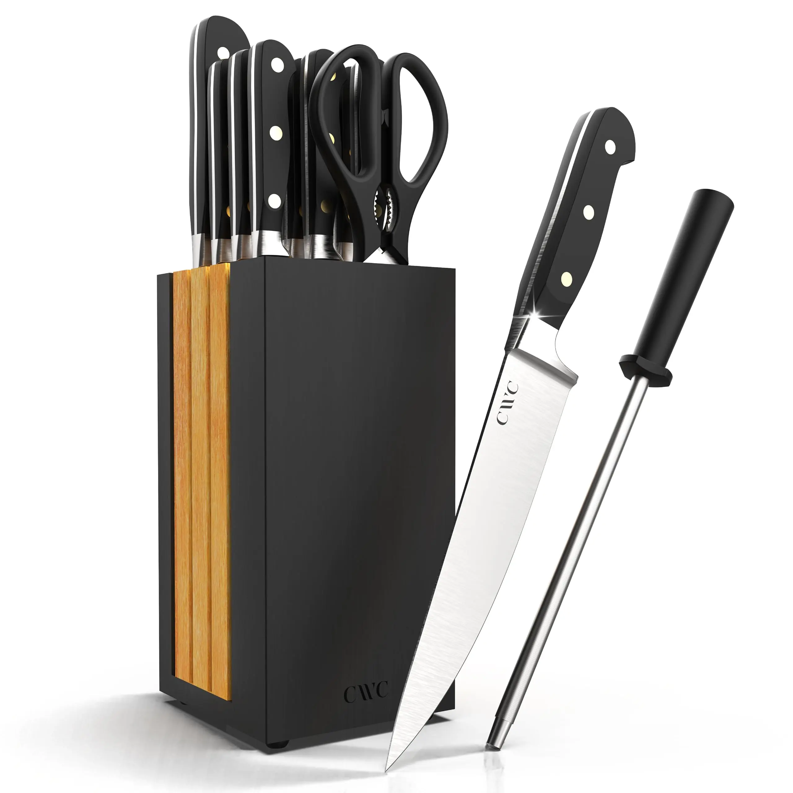 COOK WITH COLOR 14 Pieces Kitchen Knife Block Set, Knives for Kitchen, Forged Cutlery with Razor-Sharp High Carbon Steel Blades, Magnetic Block